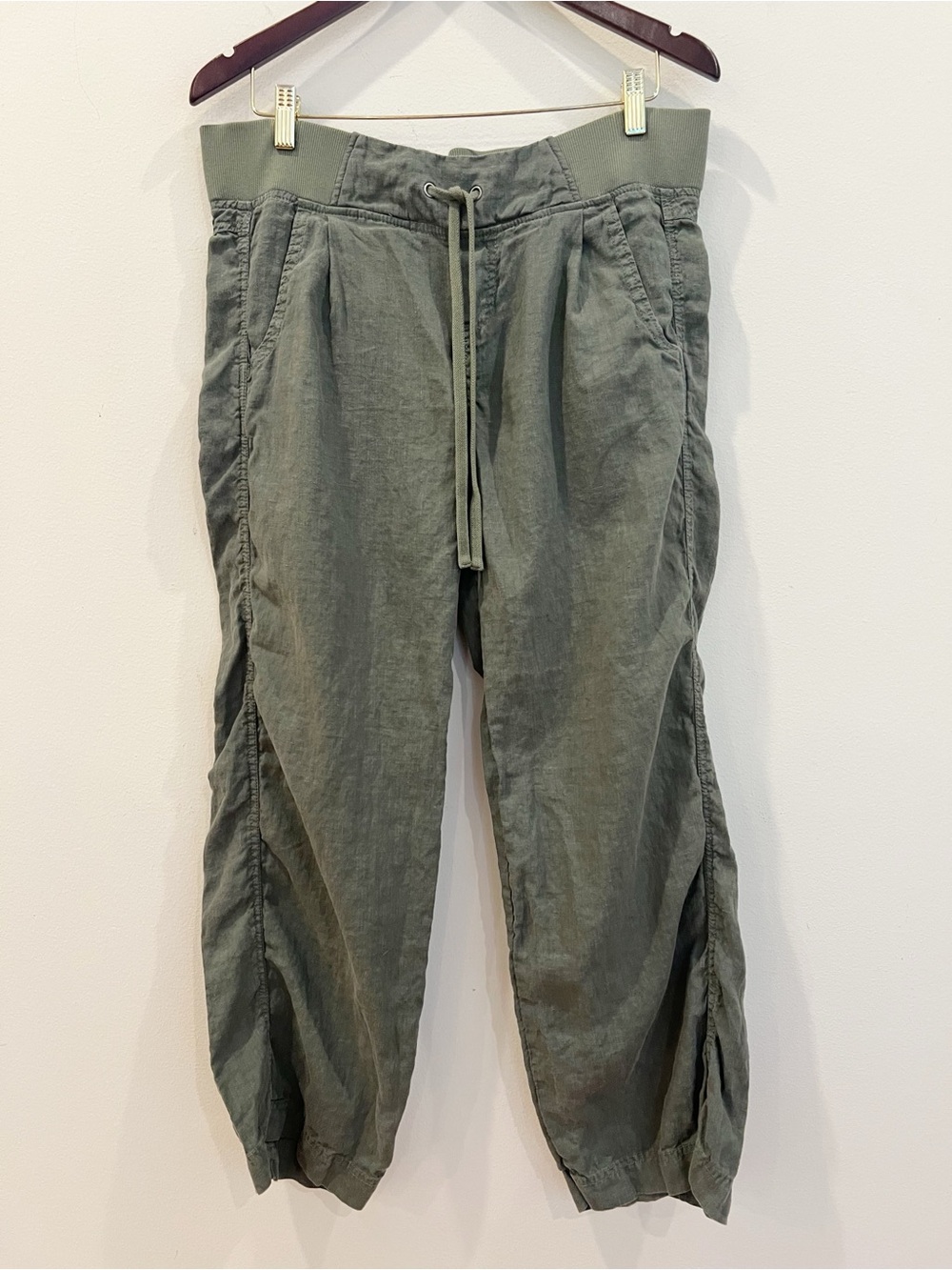 Athleta Linen Pants 6 P Petite Olive Green Low Rise Ruched Relaxed Drawstring